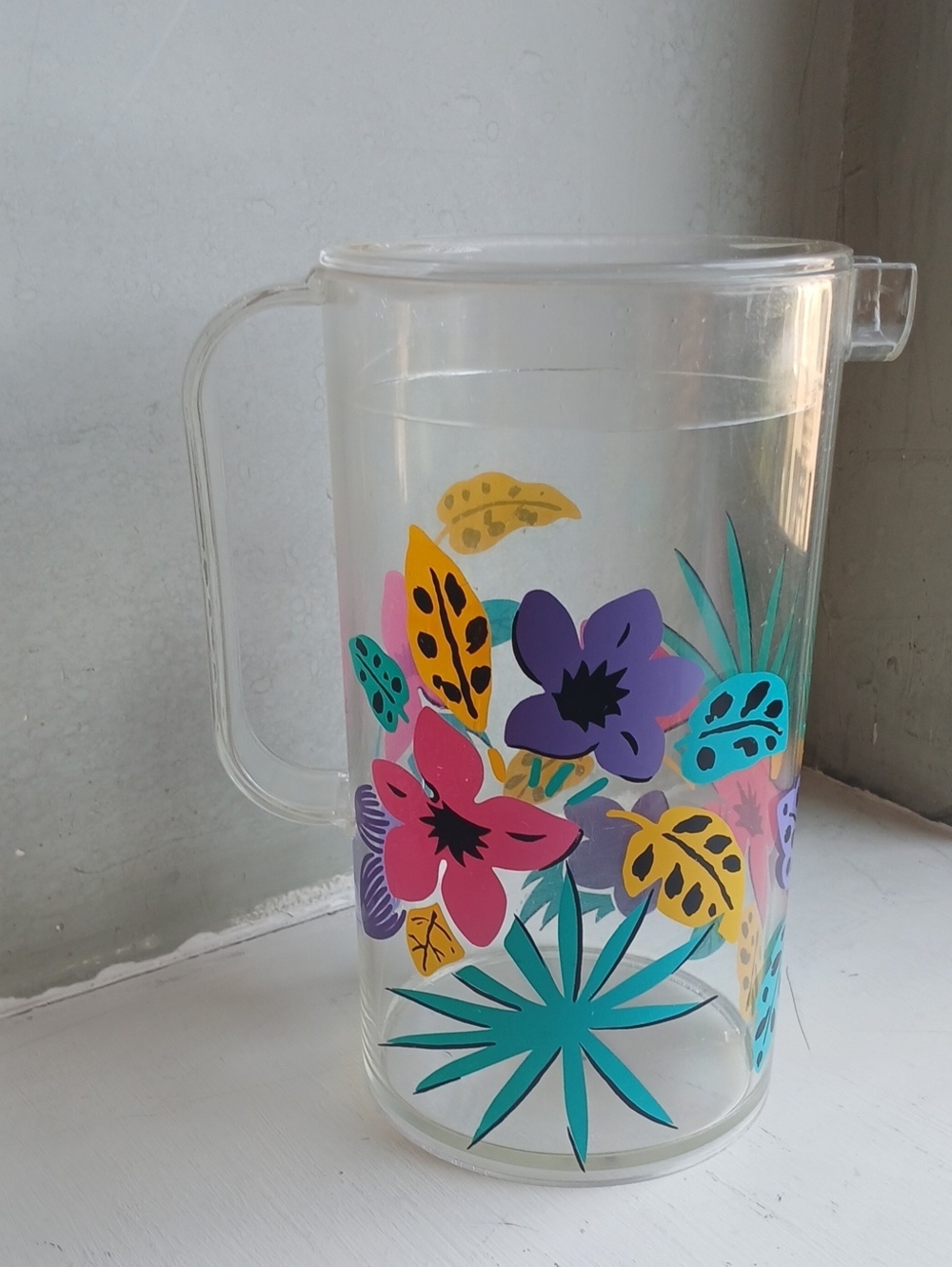 Vintage 80's Clear Plastic Pitcher with Colorful Floral Design / Made in Taiwan